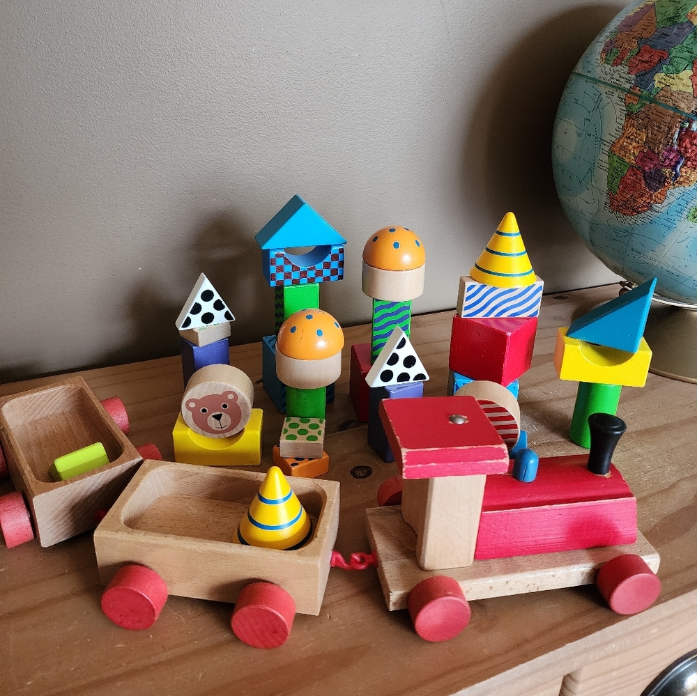 Manhattan Toy Company create and play pattern blocks and wooden train